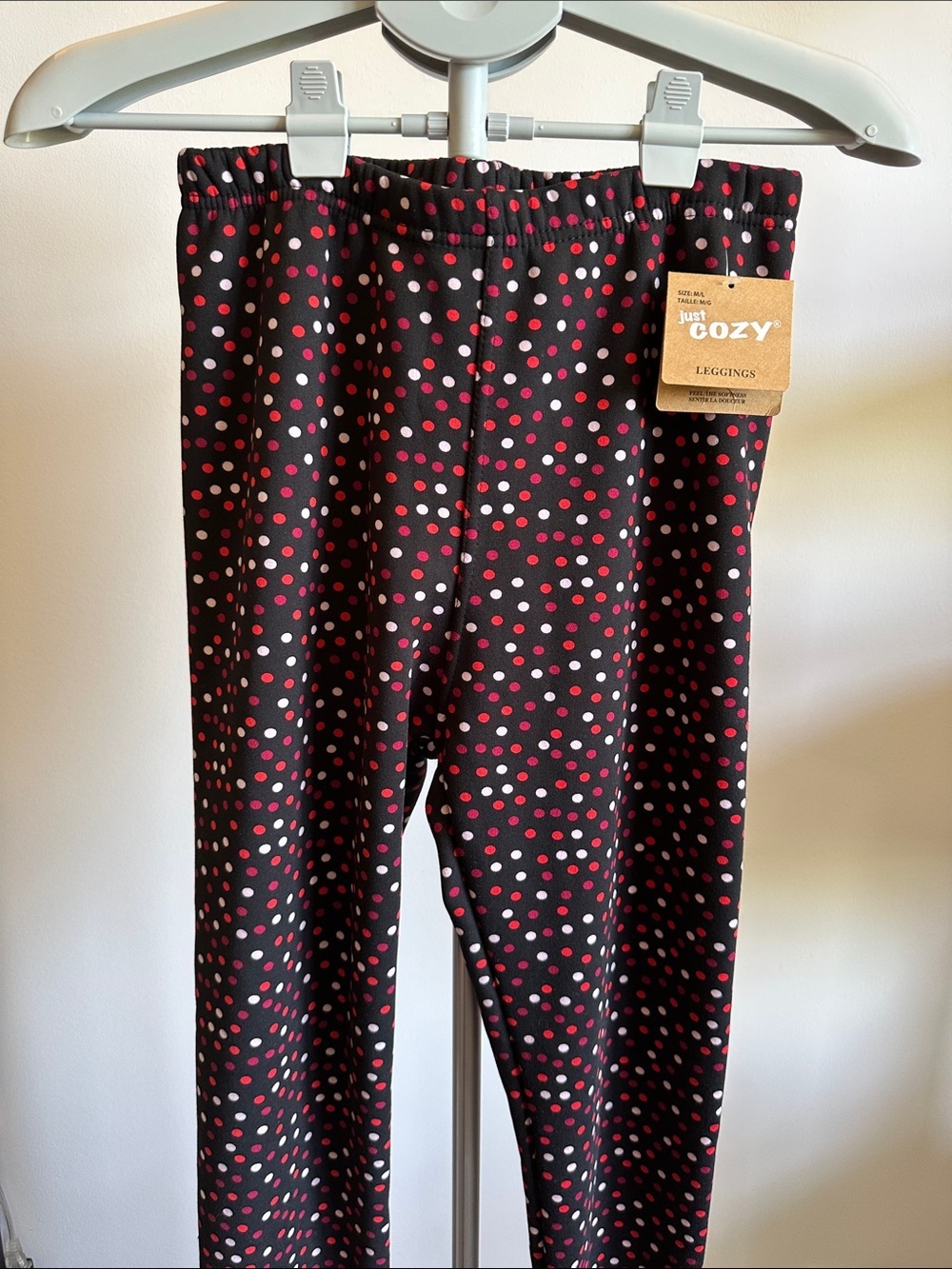 Just Cozy Black Leggings with Pink & White Polka Dots
